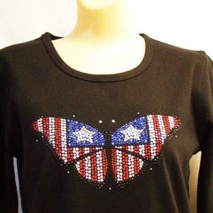 NWT Patriotic flag butterfly 3/4 sleeve black shirt